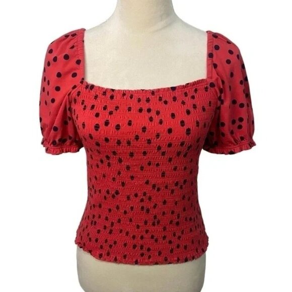 Anthropologie Dolan Red Polka Dot Smocked Puff Sleeve Blouse - Picture 4 of 8